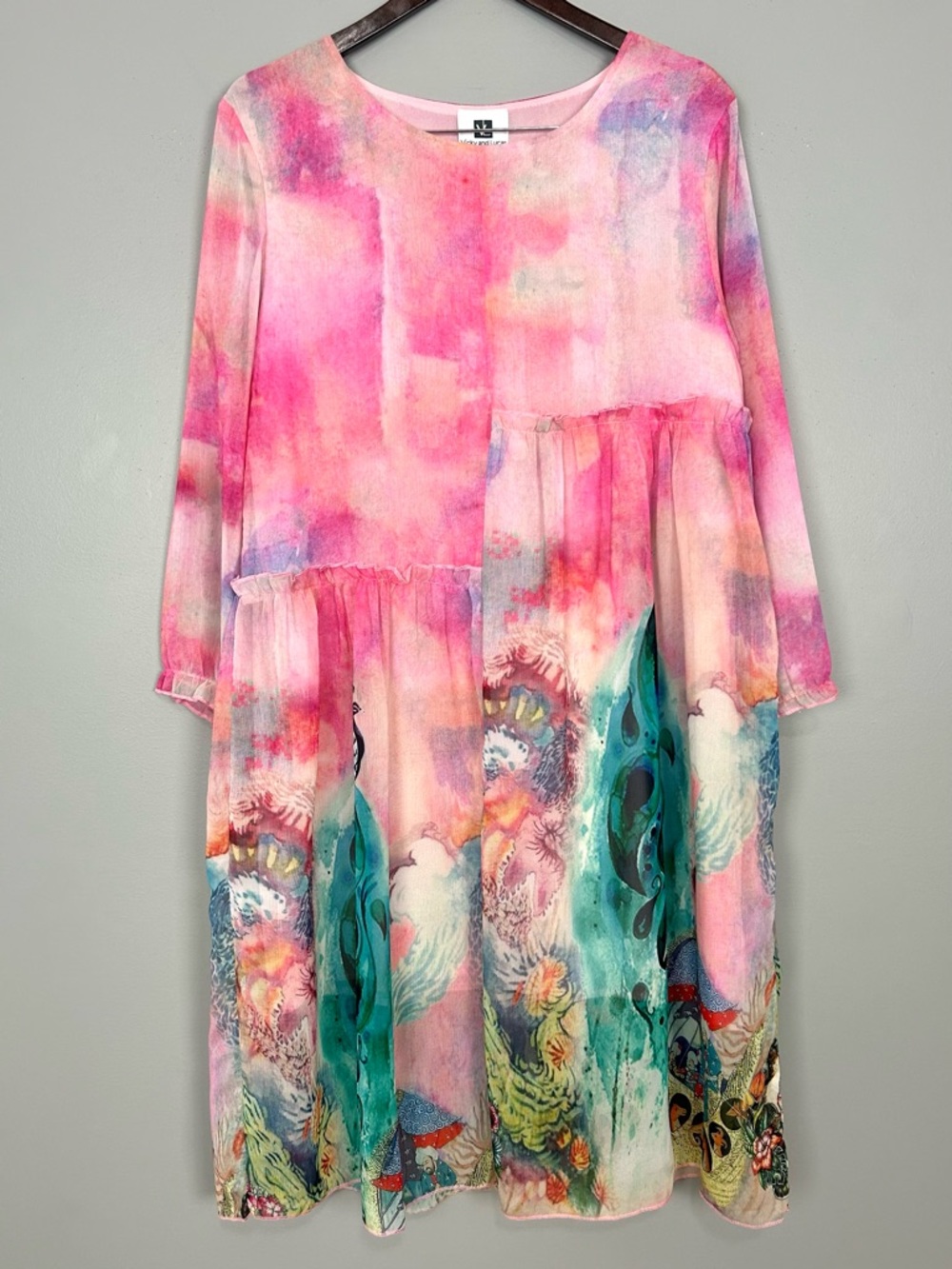 Vicky and Lucas Watercolor Peacock Dress Women’s Size L Art to Wear Sheer Ruffle